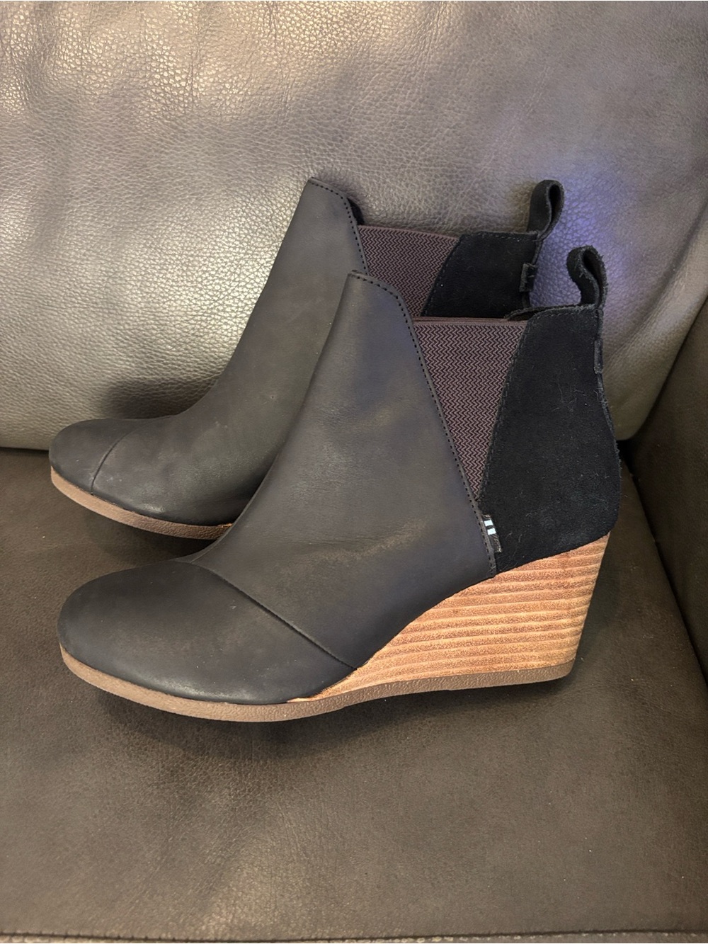Toms Black Wedge Ankle Booties with Stacked Wood Heel